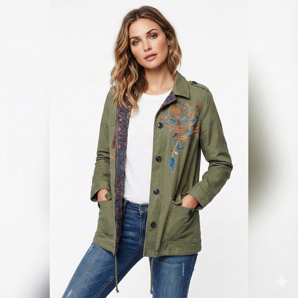 Penelope Rose Green Floral Embroidered Utility Jacket Womens SzS Military Artsy